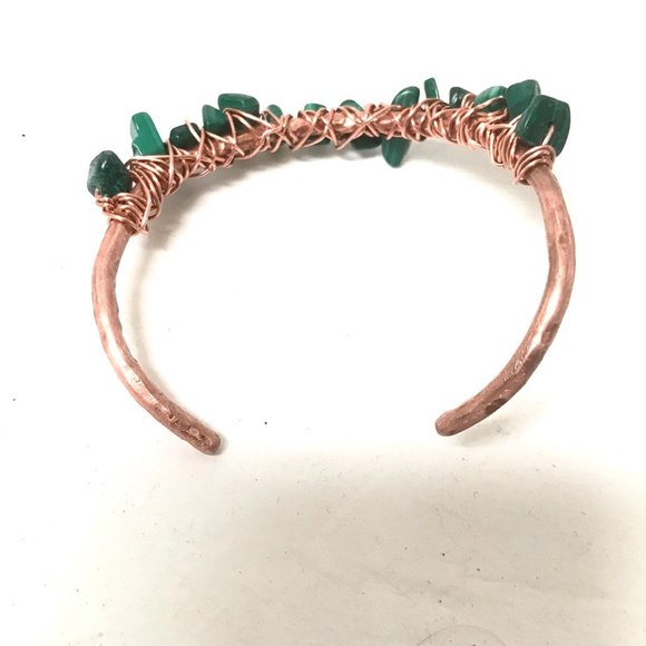 Genuine Malachite Gemstone Green Handmade Wire Wrap Cuff Solid Copper Bracelet - Picture 8 of 9
